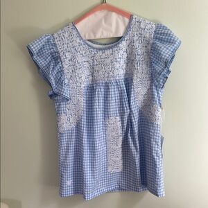 Elegant Blue Gingham Juniper Blouse with Lace Detail